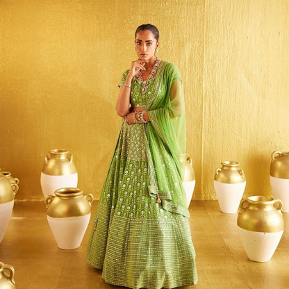 Green Banglori Silk Sequence With Thread And Jari Embroidery Work