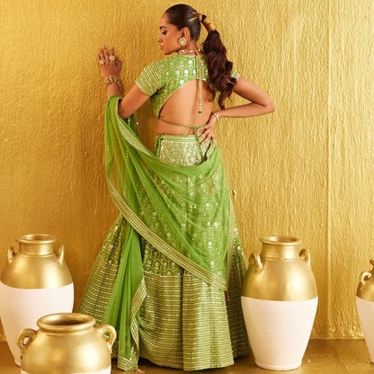 Green Banglori Silk Sequence With Thread And Jari Embroidery Work