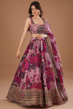 Dark Lavender Organza Floral Printed & Cutdana Embroidered work lehengha choli