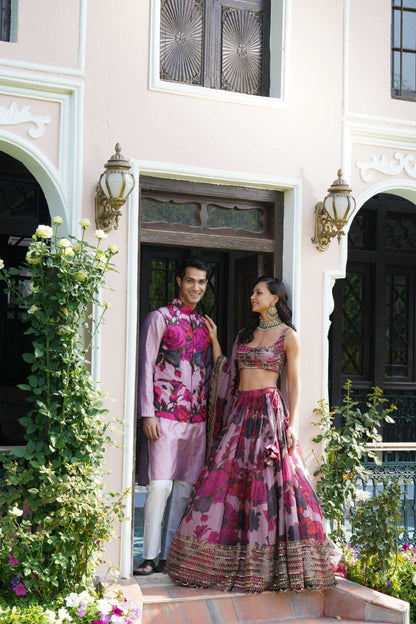 Dark Lavender Organza Floral Printed & Cutdana Embroidered work lehengha choli