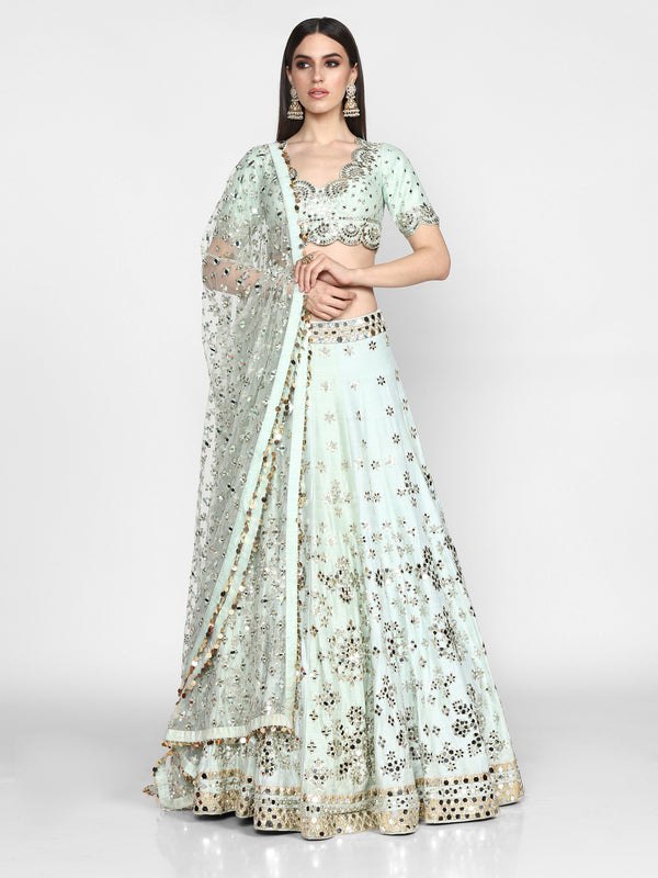 Embroidered Art Silk Lehenga in Pastel Green