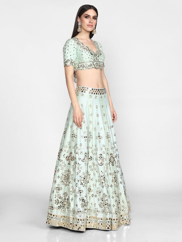 Embroidered Art Silk Lehenga in Pastel Green