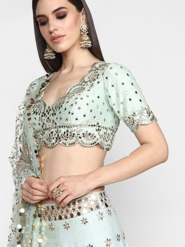 Embroidered Art Silk Lehenga in Pastel Green