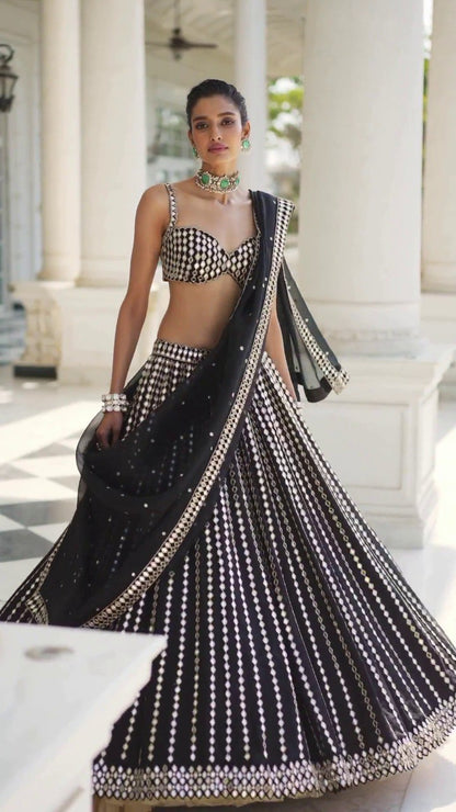 Black Linear Mirror Embroidered Lehenga Set