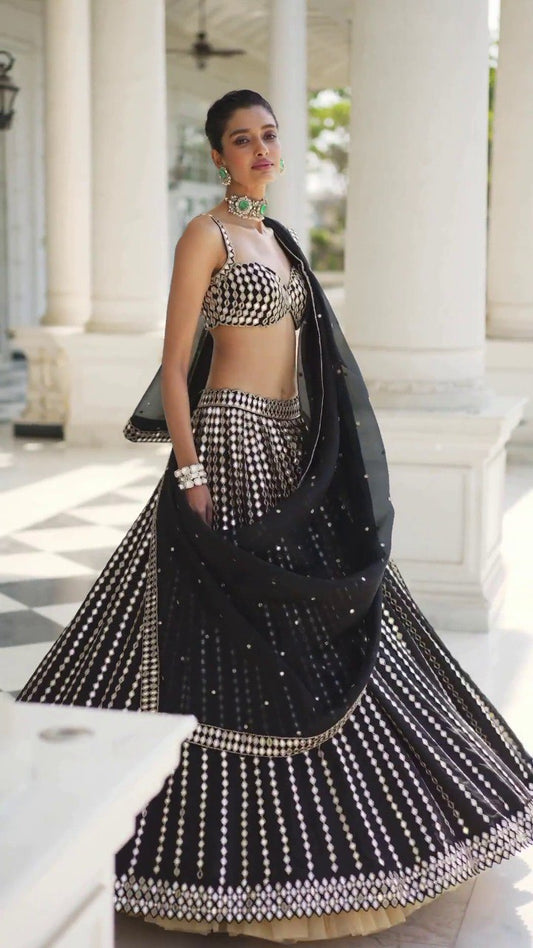 Black Linear Mirror Embroidered Lehenga Set