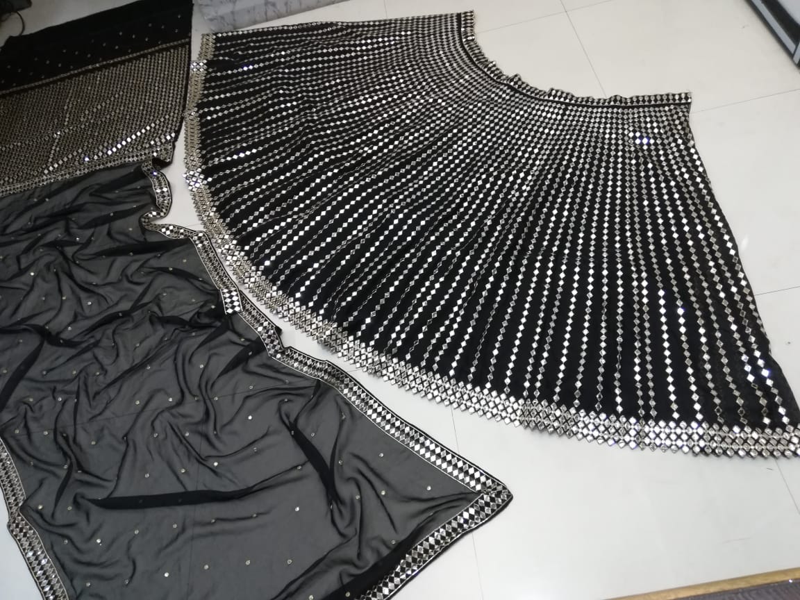 Black Linear Mirror Embroidered Lehenga Set