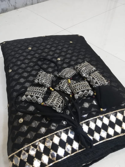 Black Linear Mirror Embroidered Lehenga Set