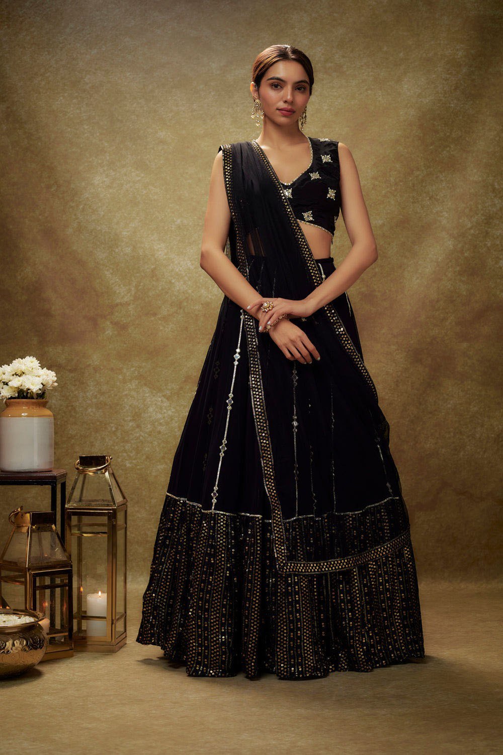 Black Viscose Georgette Gota & Mirror Embroidered Lehenga Set