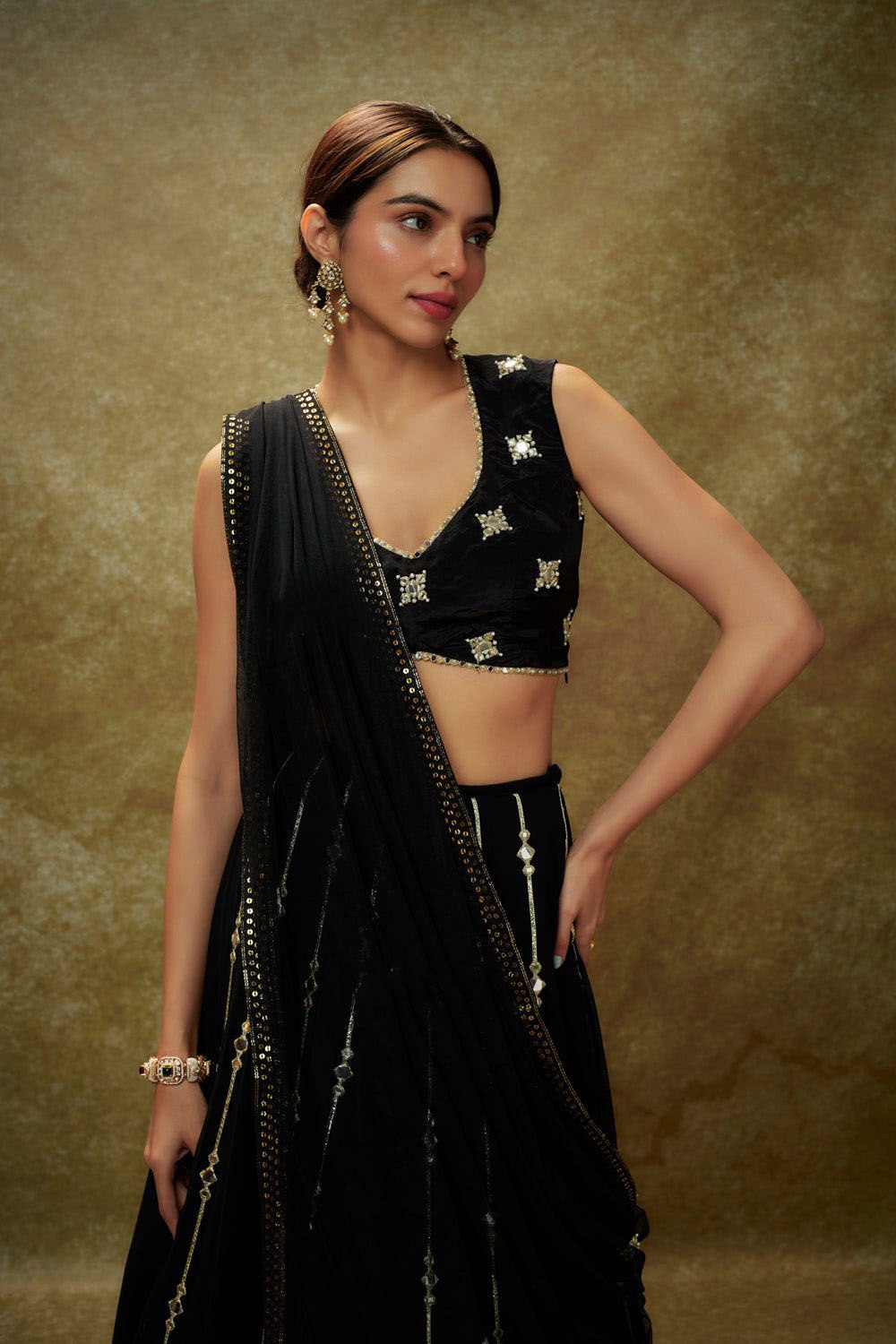 Black Viscose Georgette Gota & Mirror Embroidered Lehenga Set