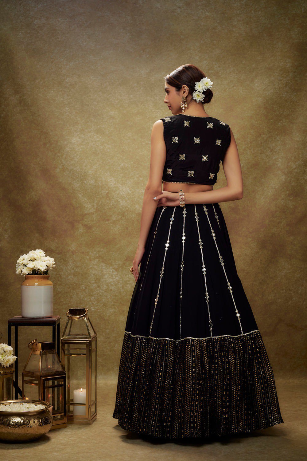 Black Viscose Georgette Gota & Mirror Embroidered Lehenga Set