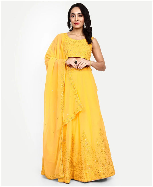 Yellow Colored Georgette Party Wear Lehenga Choli