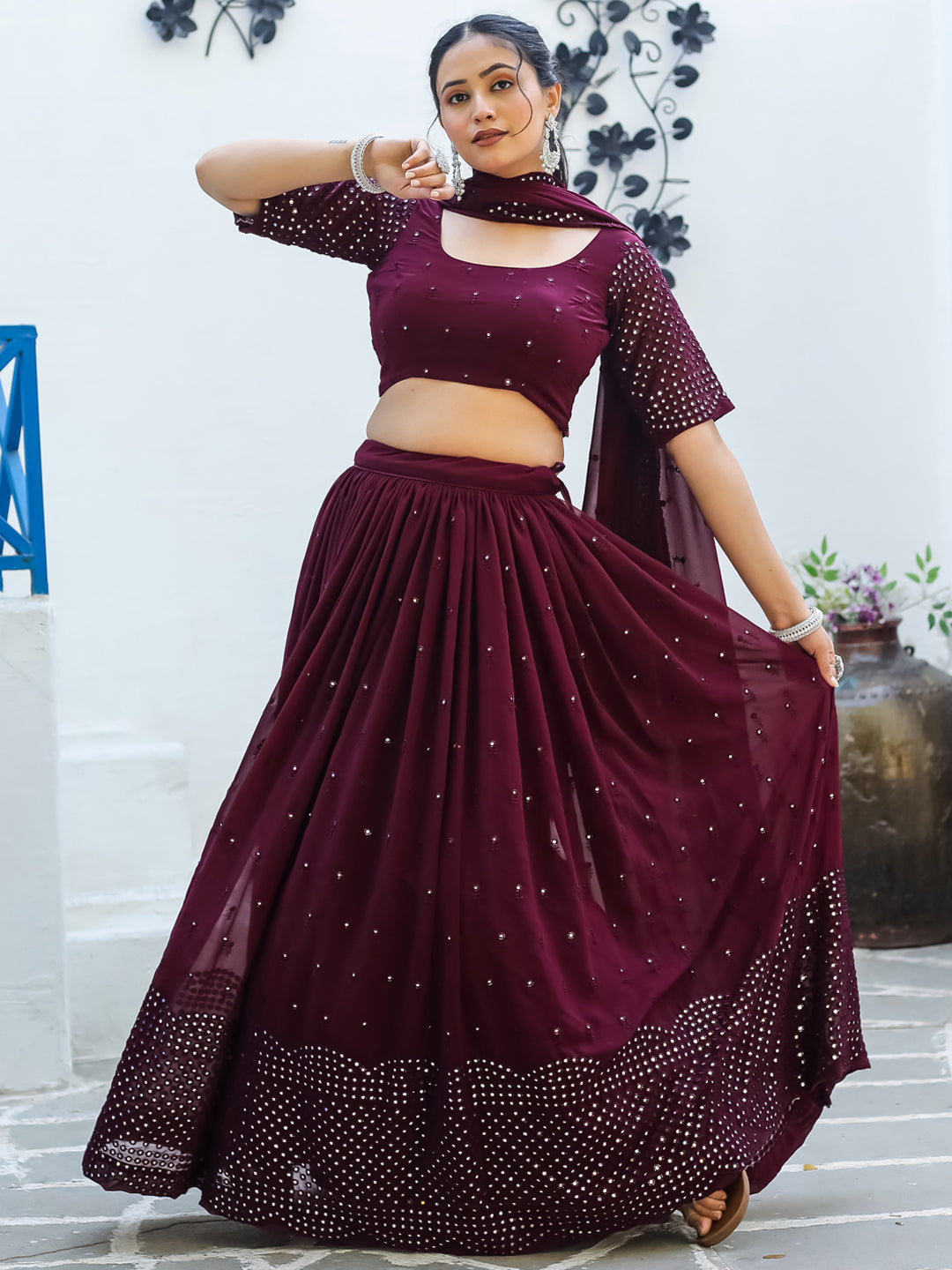 Wine Berry Colored Faux Georgette Party Wear Lehenga Choli