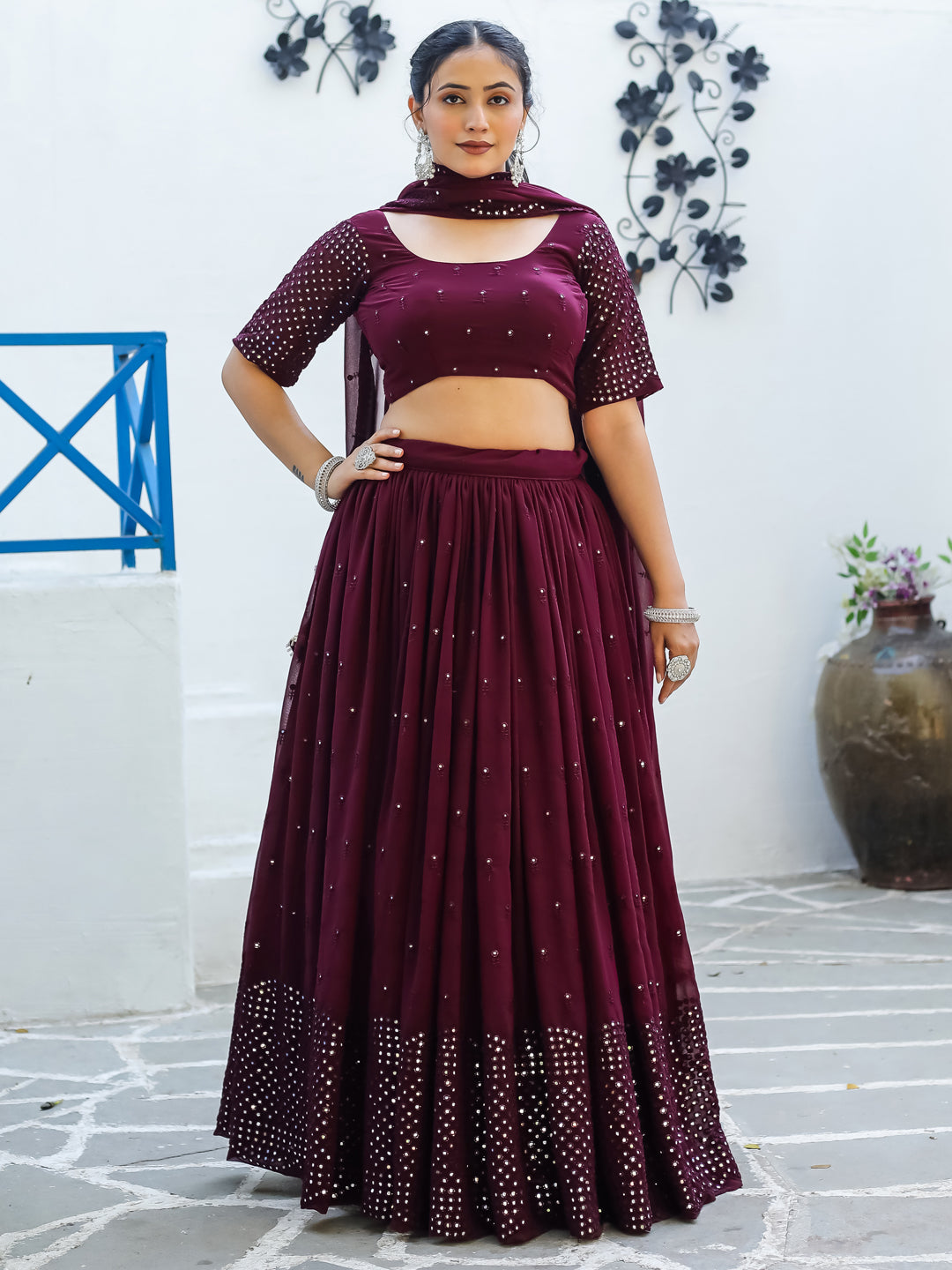 Wine Berry Colored Faux Georgette Party Wear Lehenga Choli