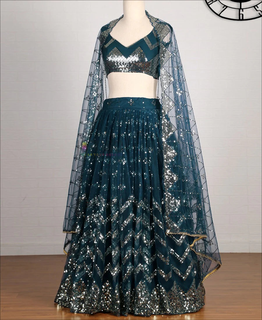 Deep Sea Blue Color Net Sequence Work Lehenga choli