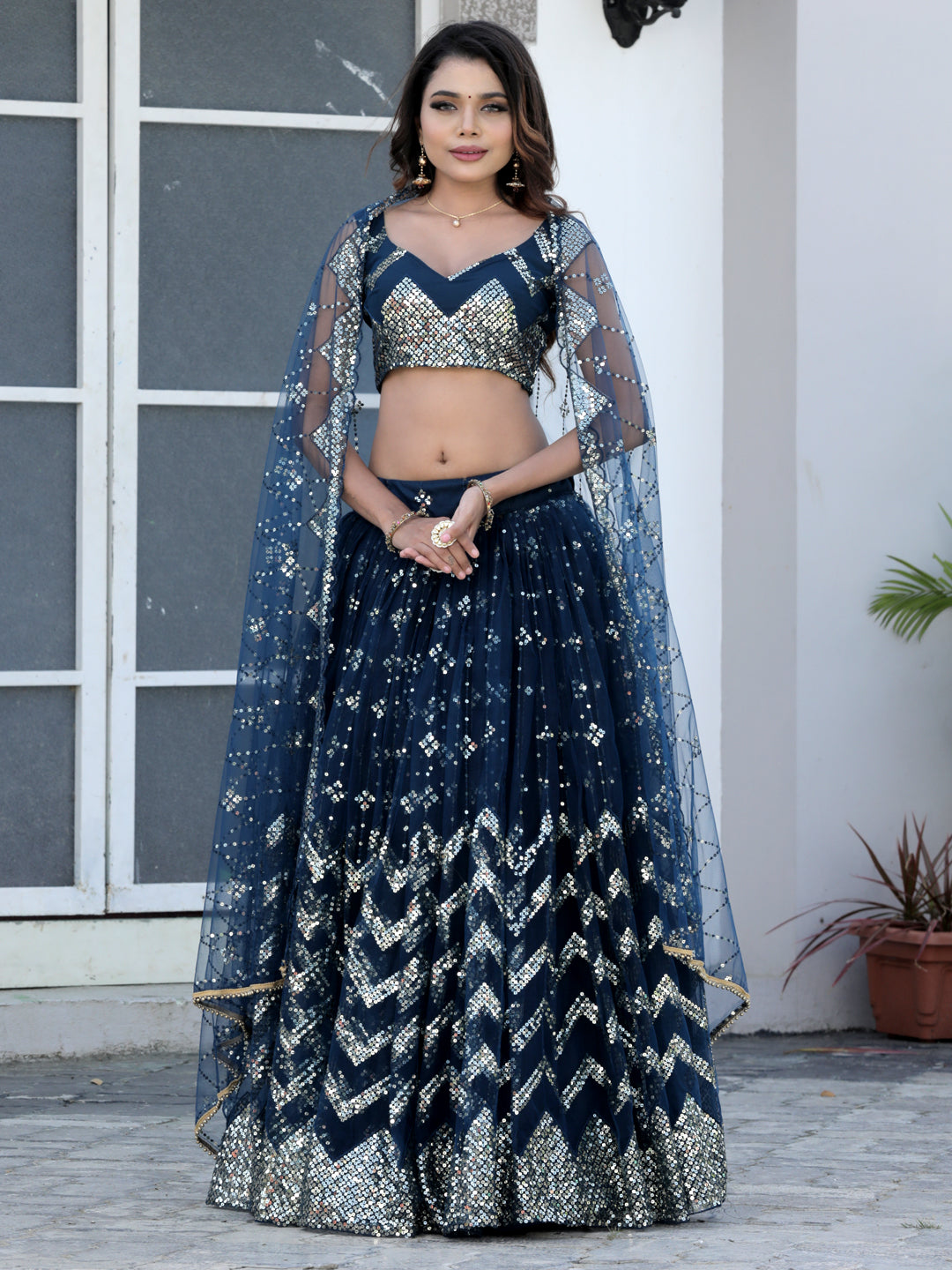 Deep Sea Blue Color Net Sequence Work Lehenga choli