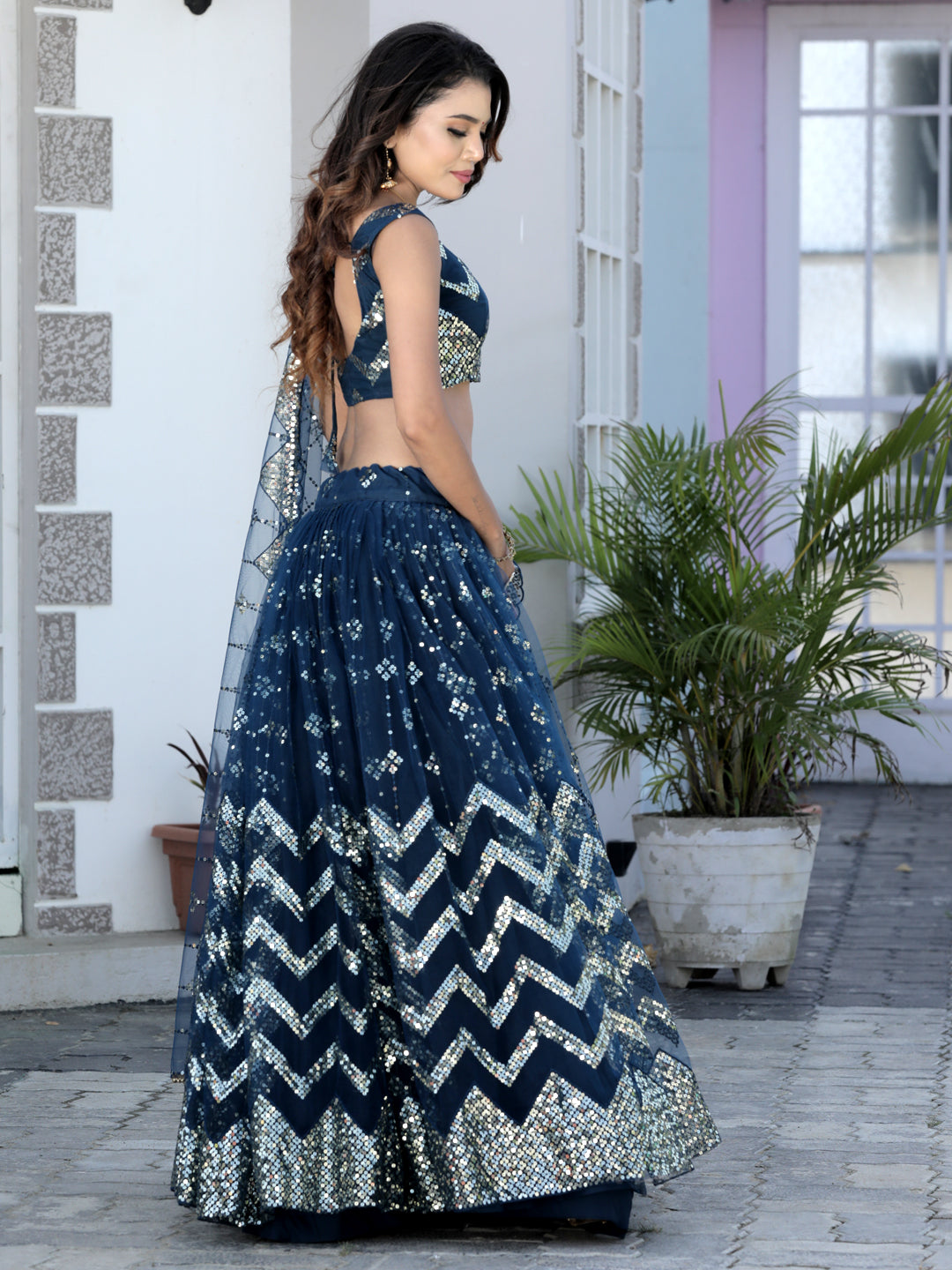 Deep Sea Blue Color Net Sequence Work Lehenga choli