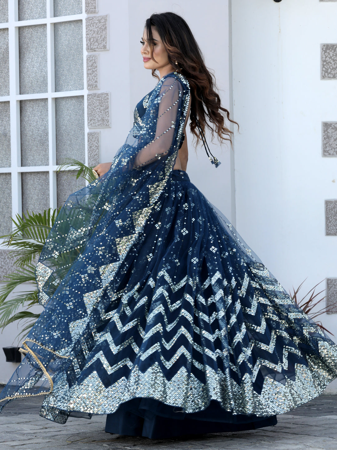 Deep Sea Blue Color Net Sequence Work Lehenga choli