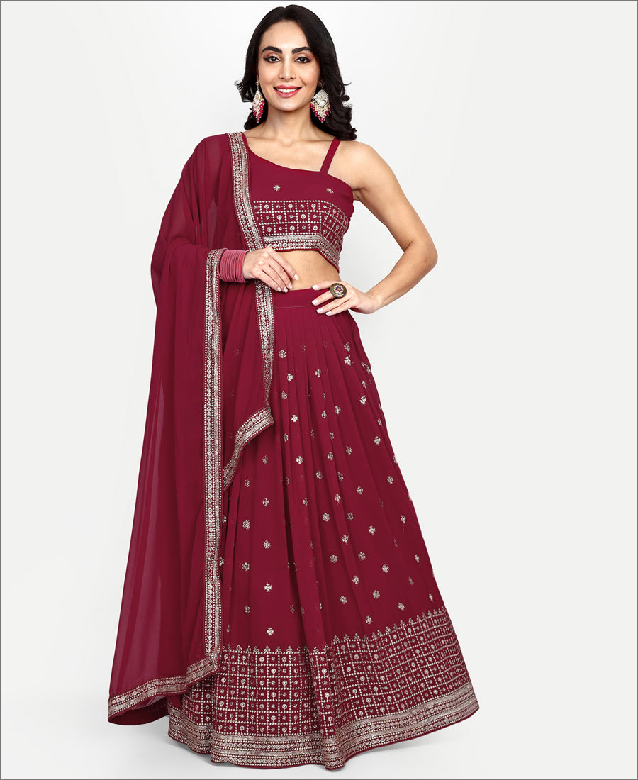 Moroon Colored Georgette Sequence Embroiodery Work Lehenga Choli