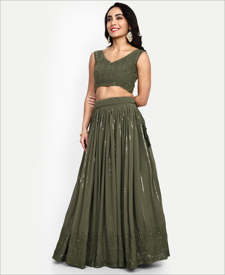 Dark Green Sequence Work Georgette Party Wear Lehenga Choli