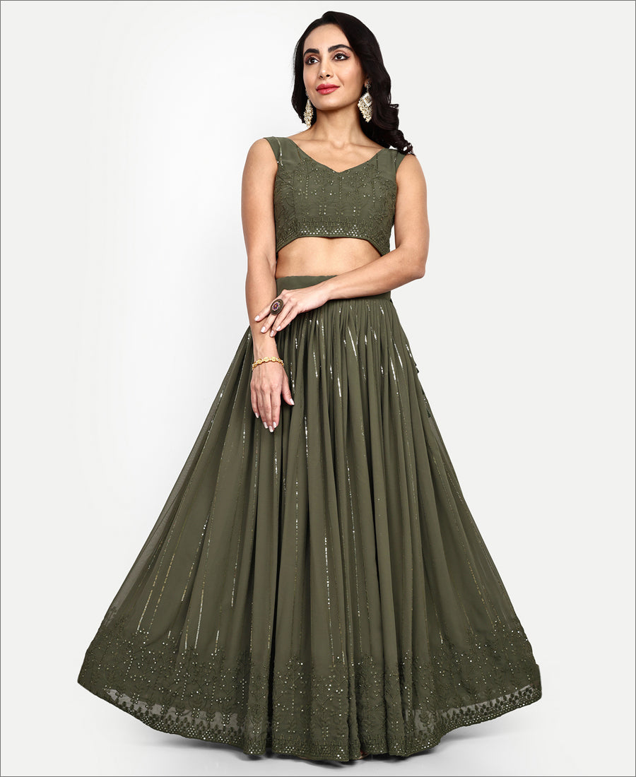 Dark Green Sequence Work Georgette Party Wear Lehenga Choli