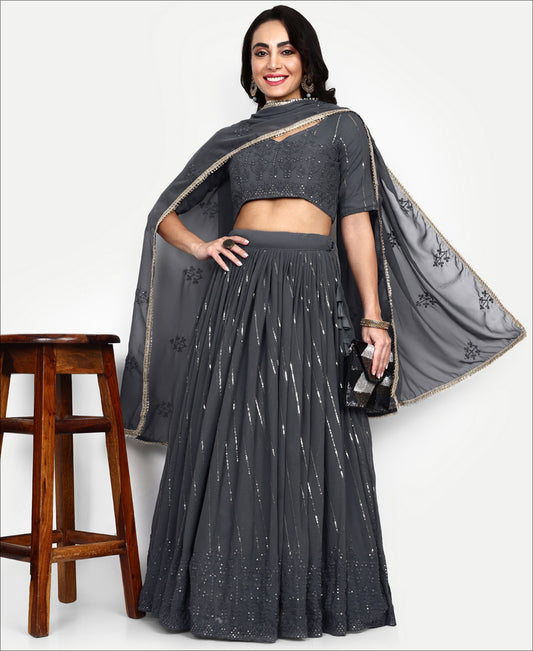 Grey Colored Sequence Work Georgette Designer Lehenga Choli