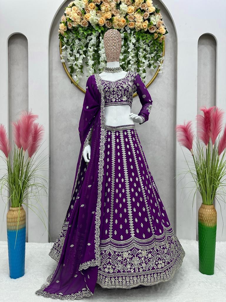 WEDDING WEAR EMBROIDERY SEQUENCE WORK LEHENGA CHOLI WITH DUPATTA PURPLE