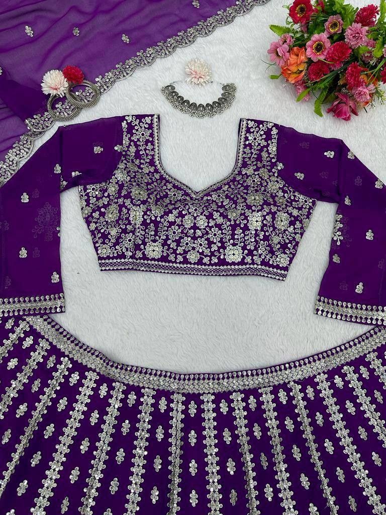 WEDDING WEAR EMBROIDERY SEQUENCE WORK LEHENGA CHOLI WITH DUPATTA PURPLE