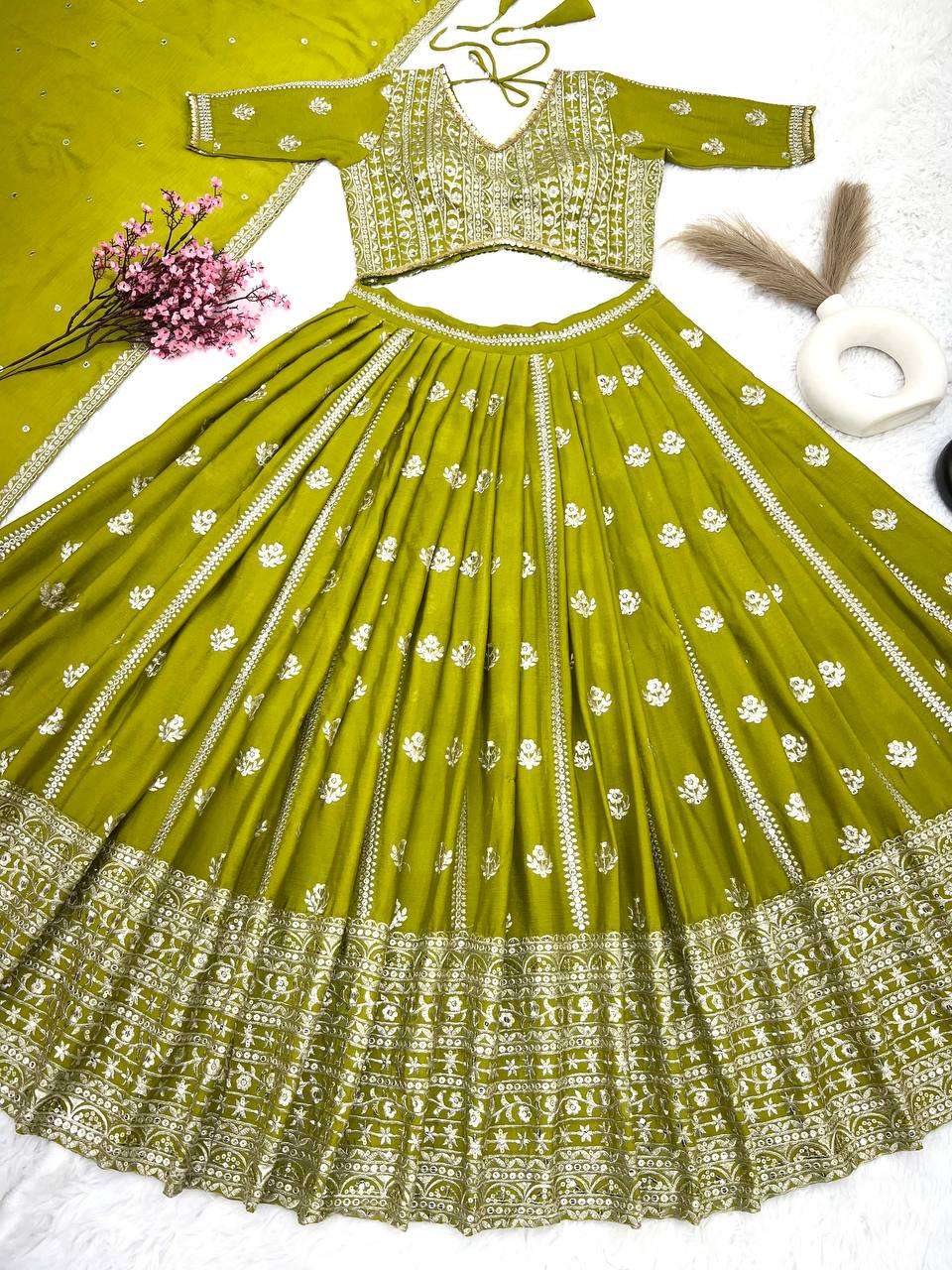 Fine Green Color Chinnon Silk Embroidery Sequins Lehenga Choli