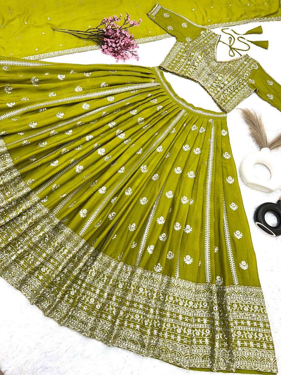 Fine Green Color Chinnon Silk Embroidery Sequins Lehenga Choli