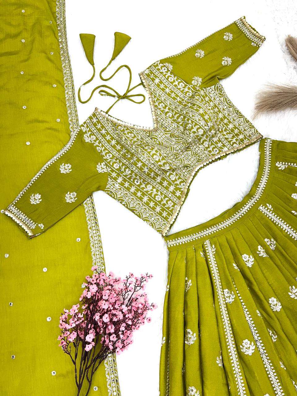 Fine Green Color Chinnon Silk Embroidery Sequins Lehenga Choli