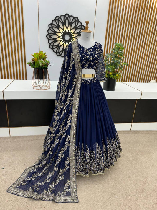 Navy Blue Georgette With Embroidery Work Wedding Lehenga Choli