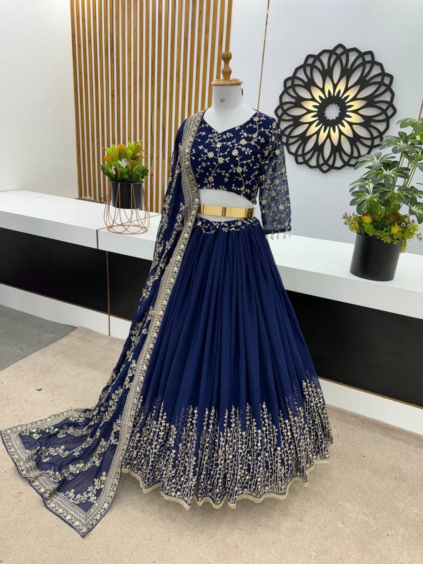 Navy Blue Georgette With Embroidery Work Wedding Lehenga Choli