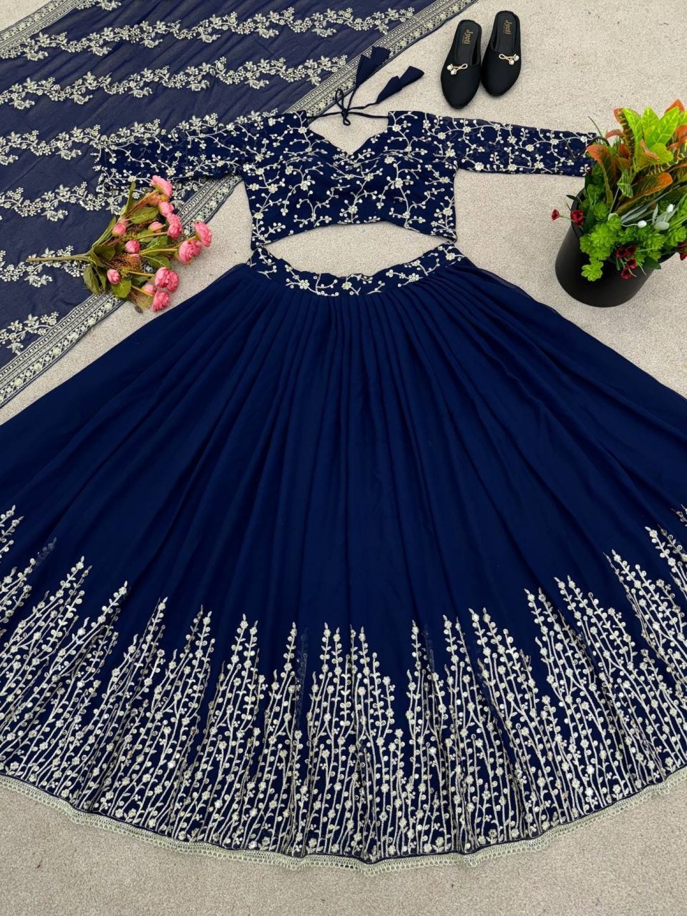 Navy Blue Georgette With Embroidery Work Wedding Lehenga Choli