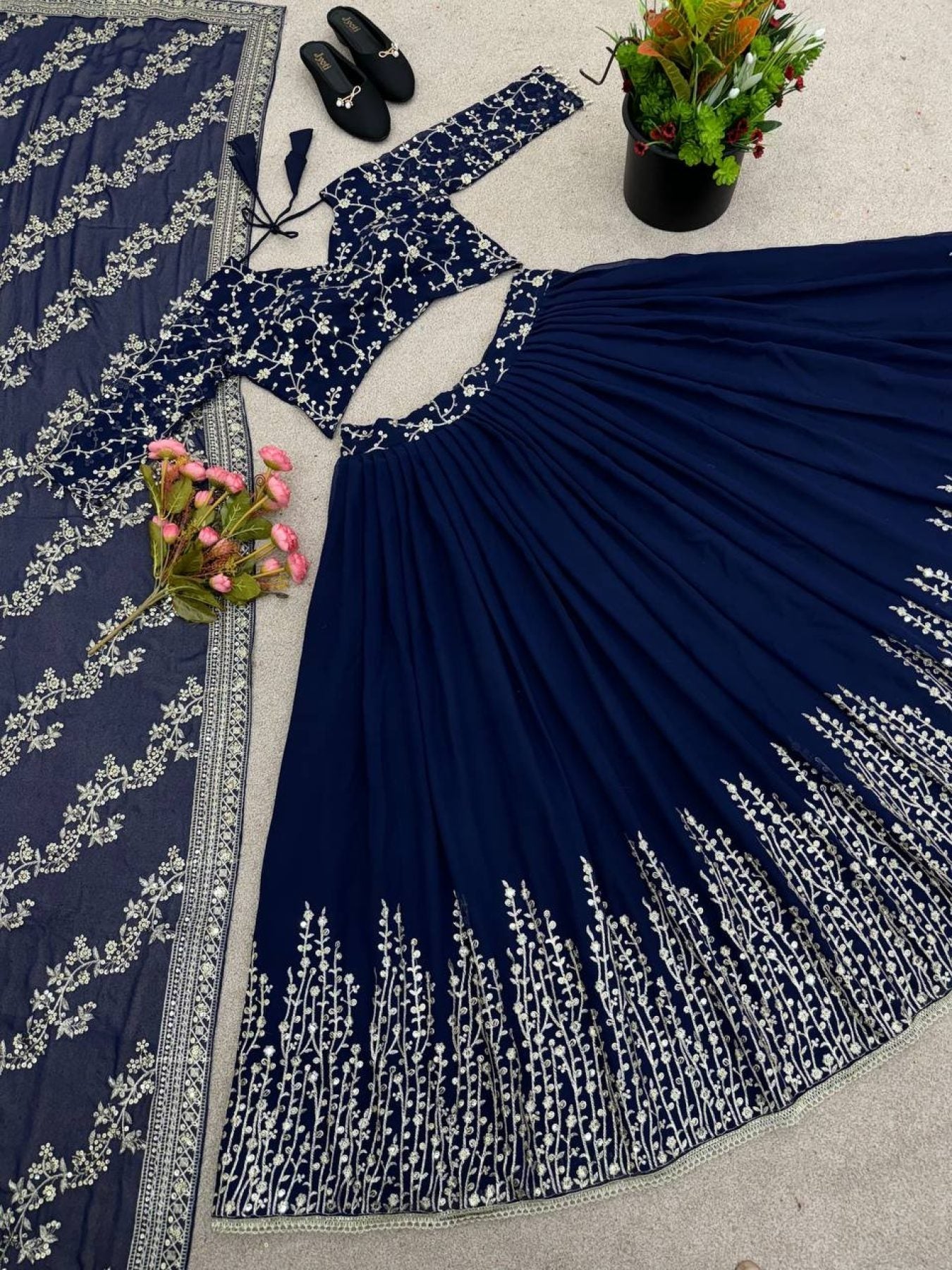 Navy Blue Georgette With Embroidery Work Wedding Lehenga Choli