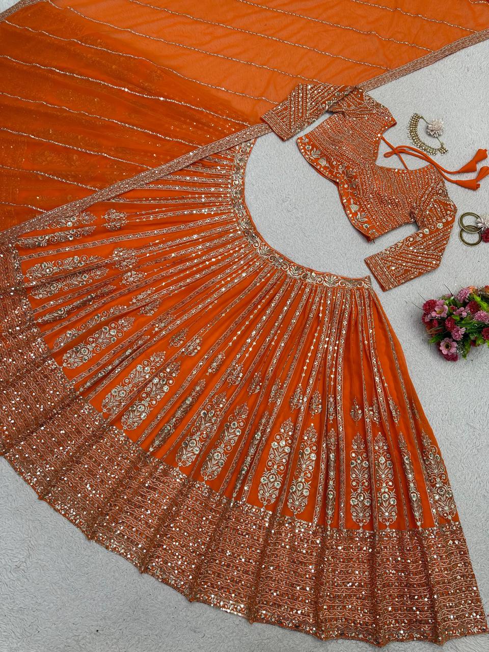 Indian Wedding Wear Orange Lengha Choli in Sequins Embroidered work Sabyasachi Lehenga