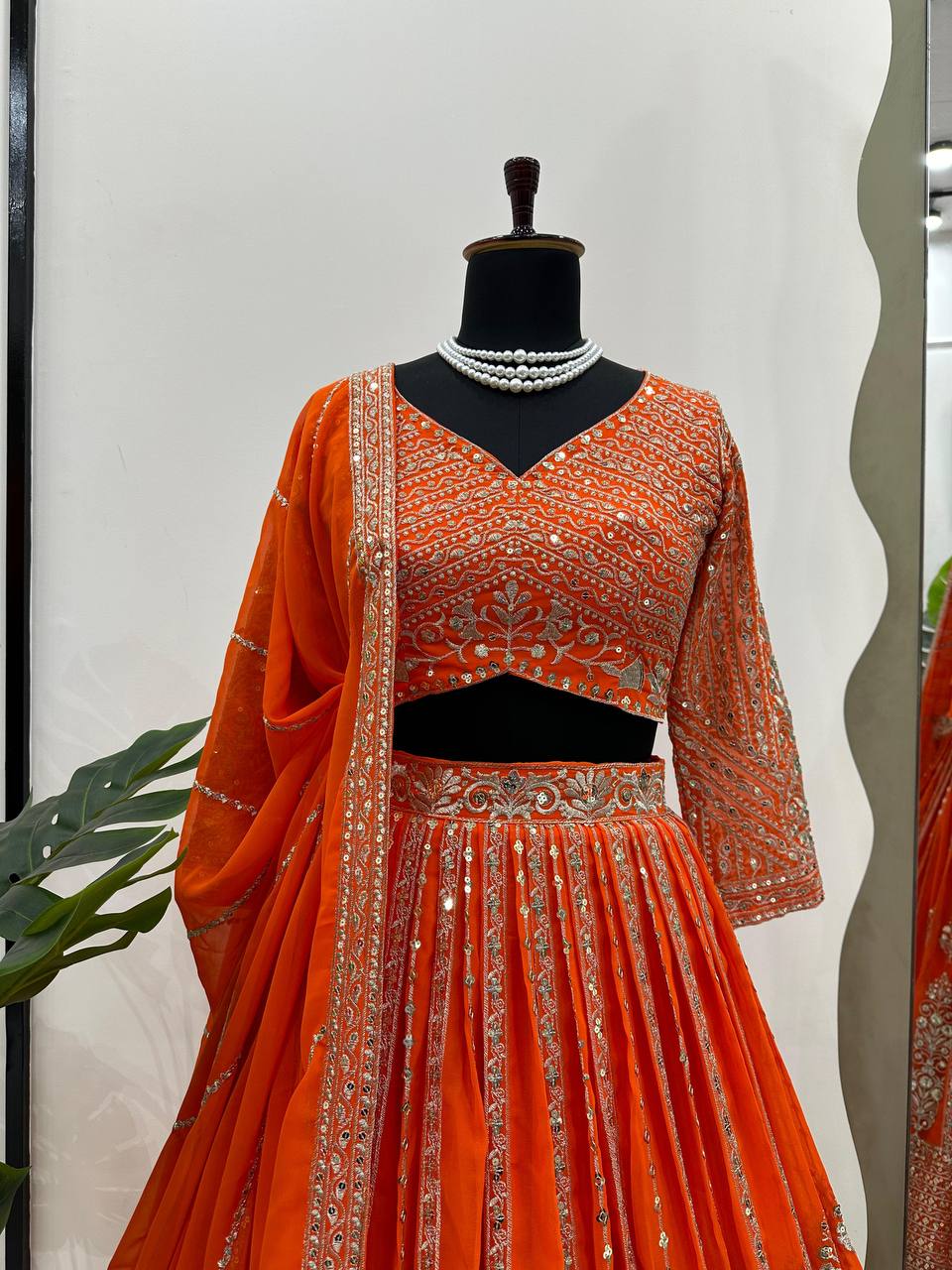 Indian Wedding Wear Orange Lengha Choli in Sequins Embroidered work Sabyasachi Lehenga