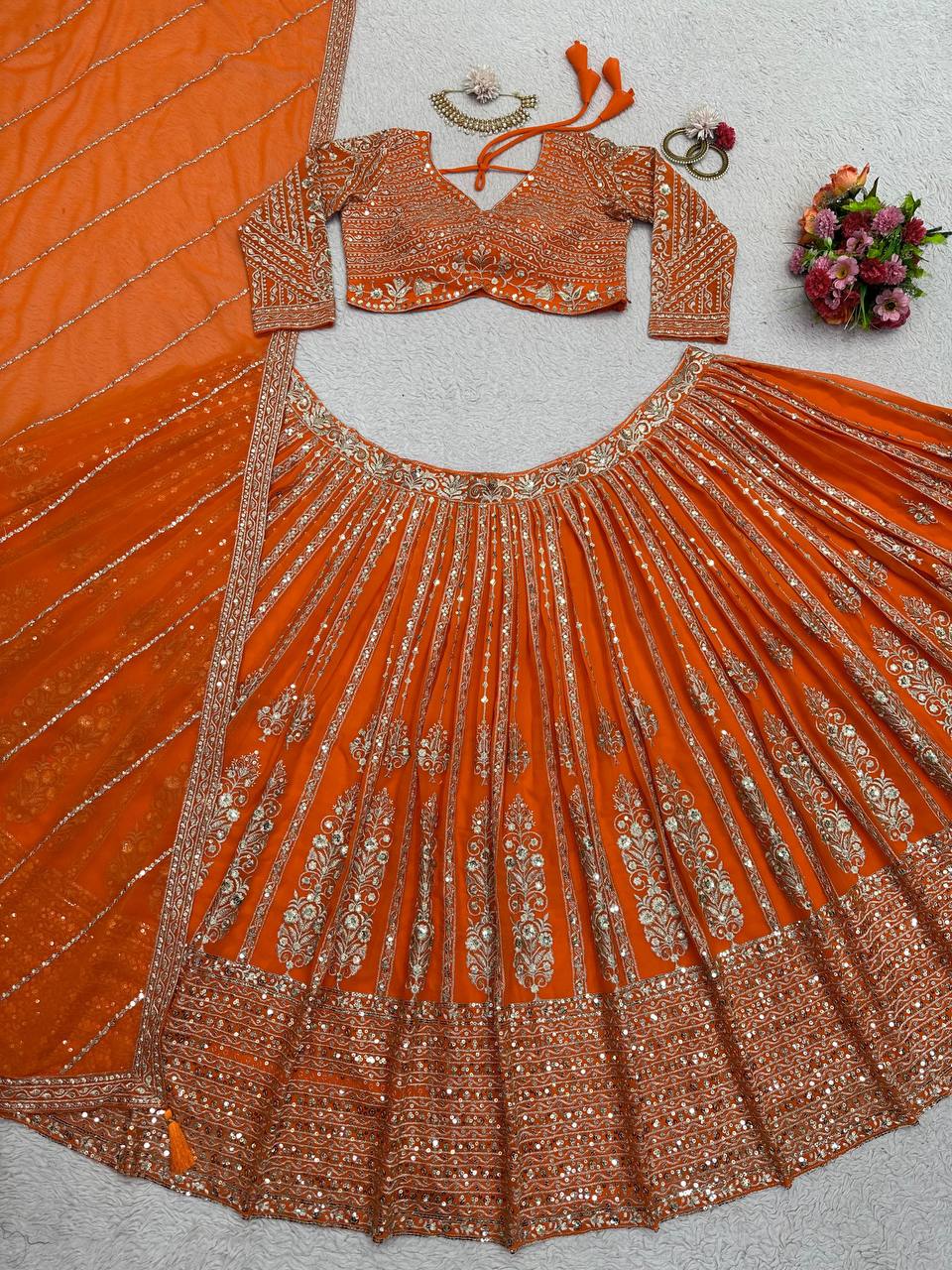 Indian Wedding Wear Orange Lengha Choli in Sequins Embroidered work Sabyasachi Lehenga