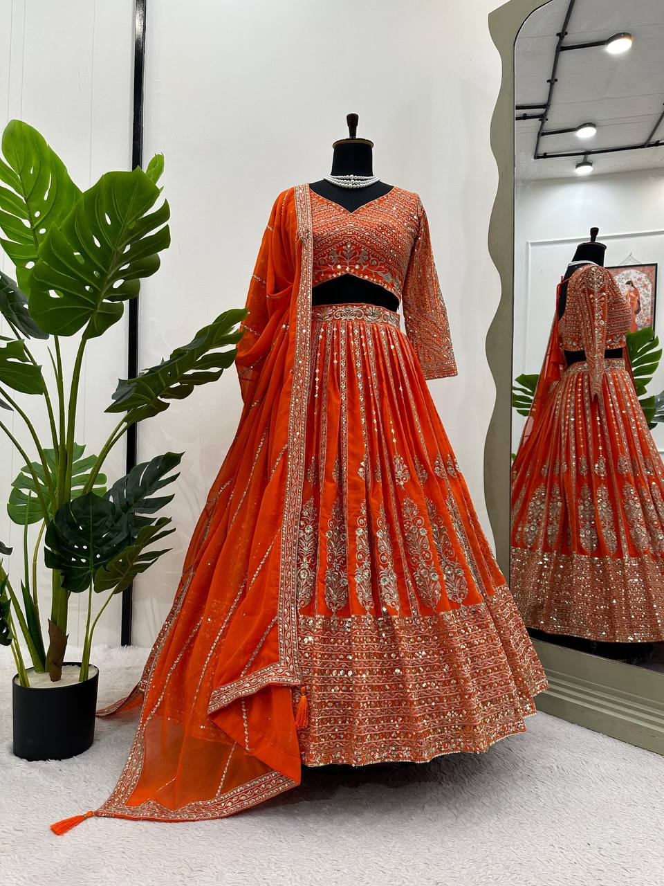 Indian Wedding Wear Orange Lengha Choli in Sequins Embroidered work Sabyasachi Lehenga