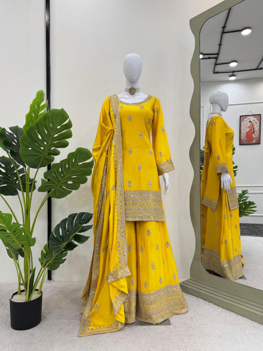 Beautiful Designer Yellow Color Chinon Silk And Thread With Sequence Work Palazzo Suit