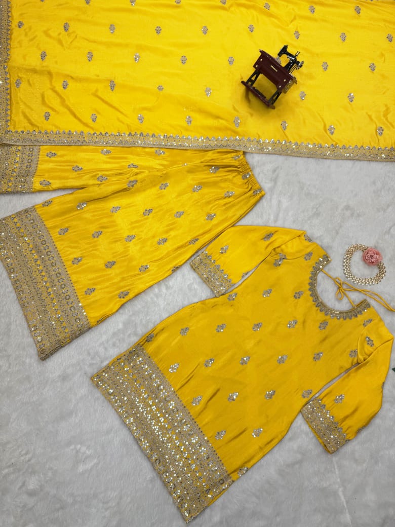 Beautiful Designer Yellow Color Chinon Silk And Thread With Sequence Work Palazzo Suit