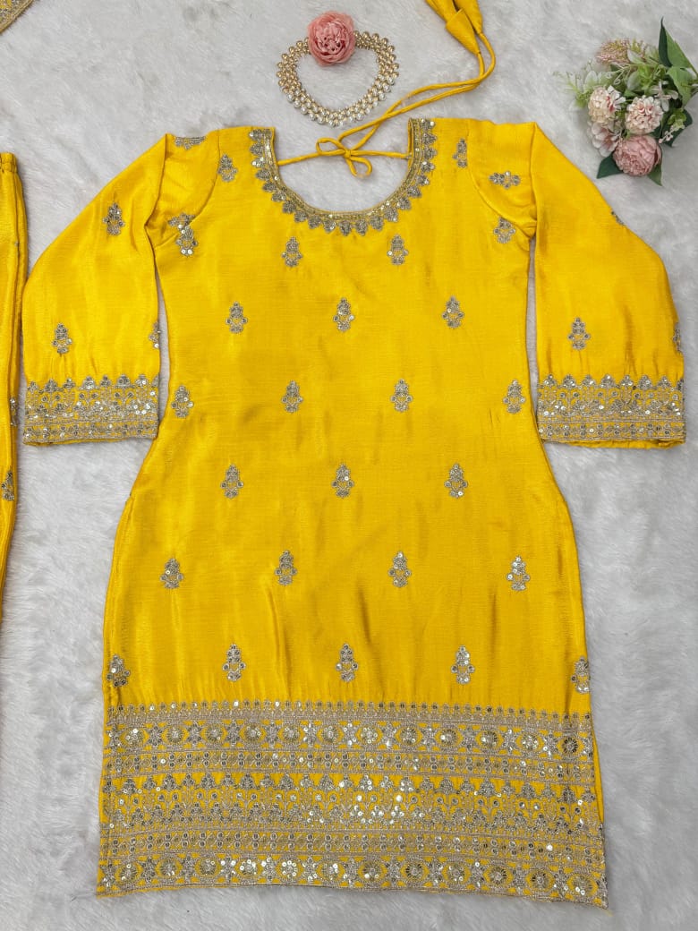 Beautiful Designer Yellow Color Chinon Silk And Thread With Sequence Work Palazzo Suit