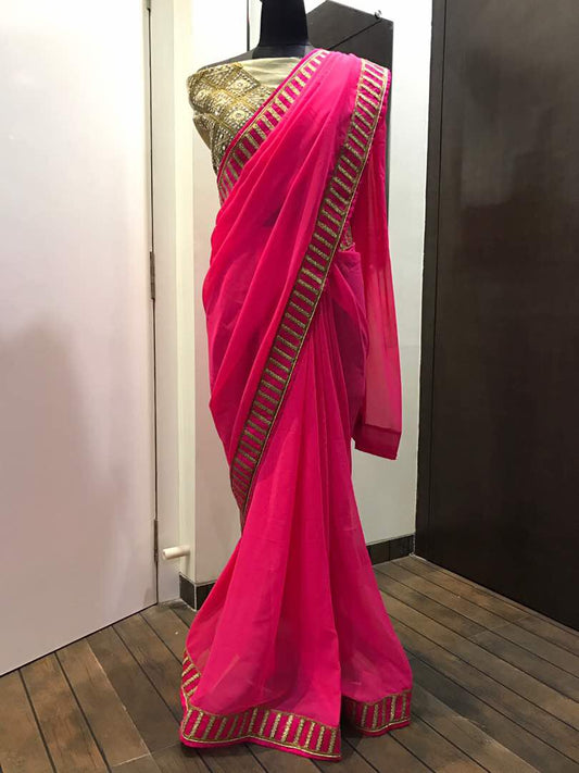 Rani Pink Color Embroidered Designer Saree