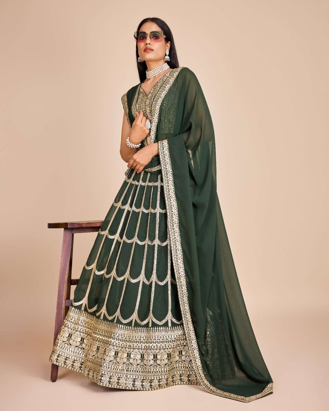 Green Faux Georgette Lehenga With Choli And Dupatta Embroidered Sequins Party Wear