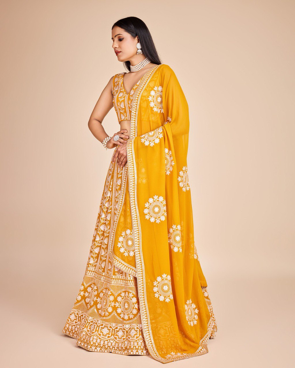 Yellow Faux Georgette Embroidered Sequins Lehenga With Choli And Dupatta Party Wear