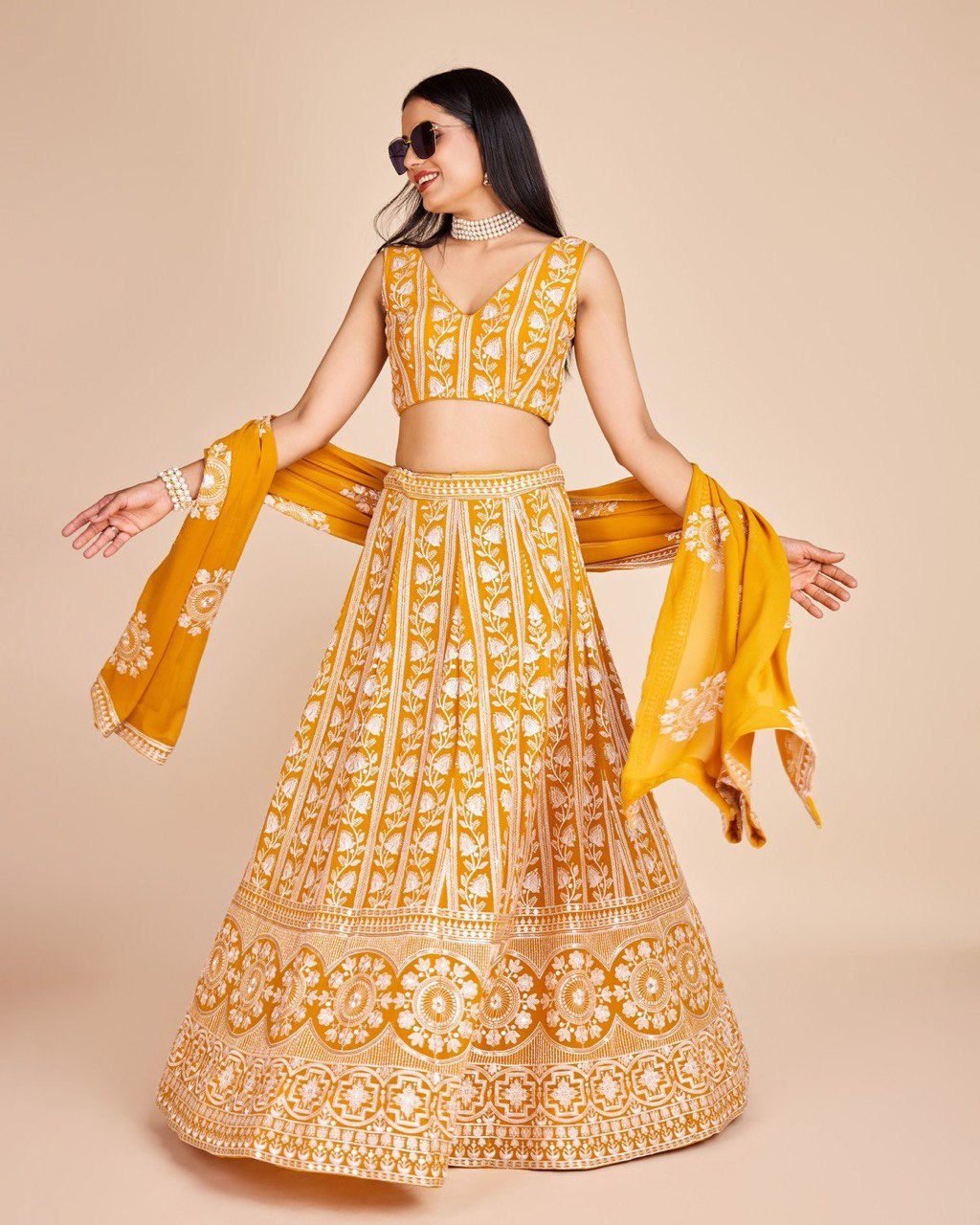 Yellow Faux Georgette Embroidered Sequins Lehenga With Choli And Dupatta Party Wear