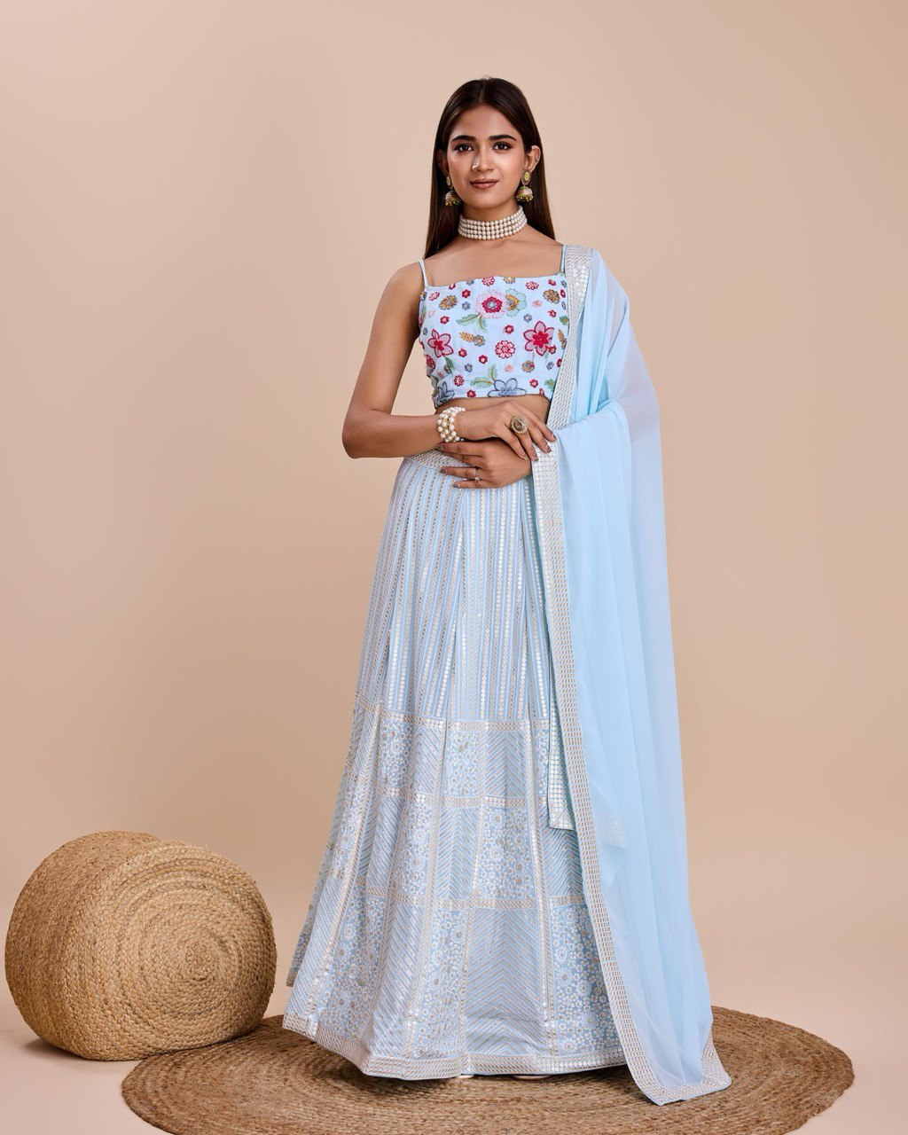 Sky Blue Georgette Lehenga With Choli And Dupatta Embroidered Sequins Party Wear