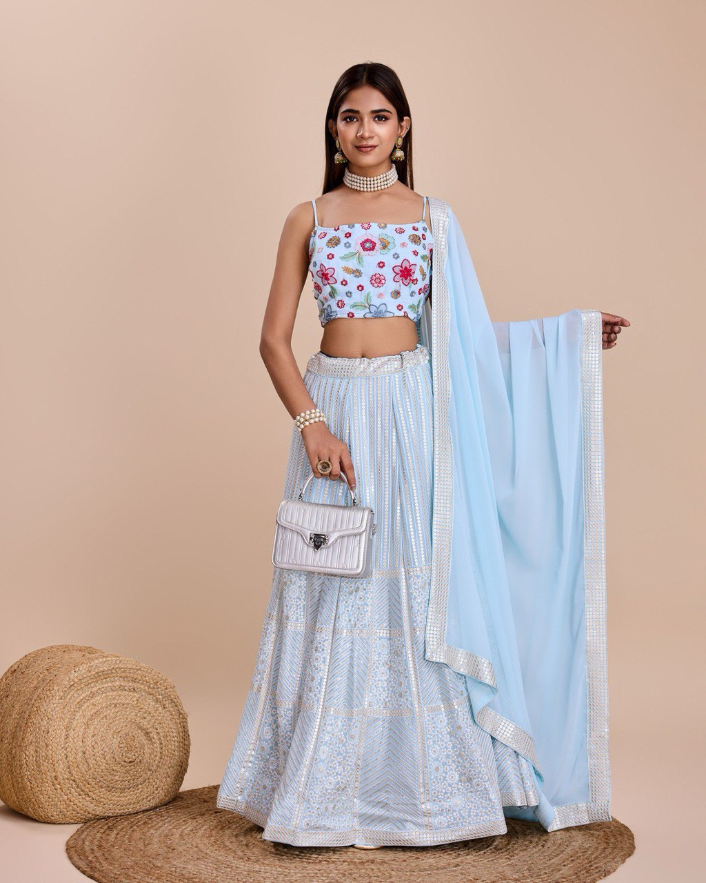 Sky Blue Georgette Lehenga With Choli And Dupatta Embroidered Sequins Party Wear