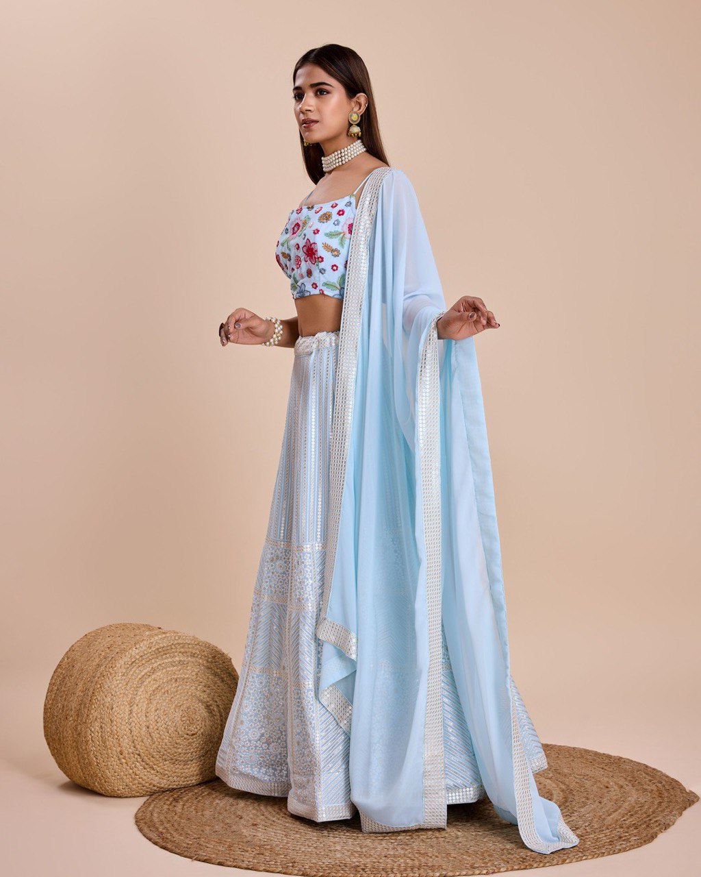 Sky Blue Georgette Lehenga With Choli And Dupatta Embroidered Sequins Party Wear