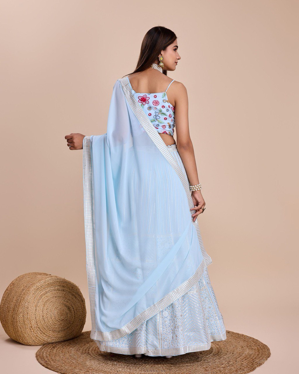 Sky Blue Georgette Lehenga With Choli And Dupatta Embroidered Sequins Party Wear