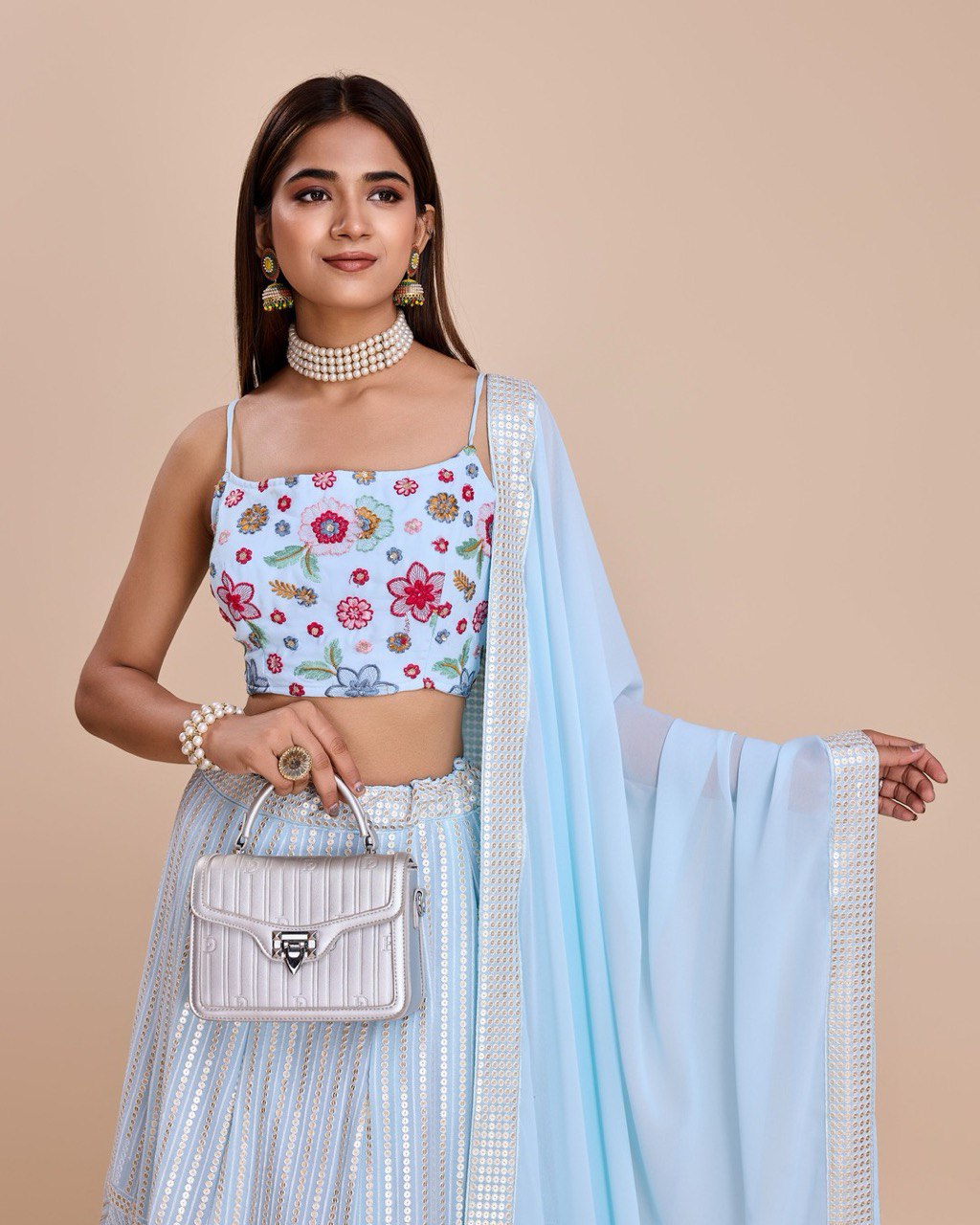 Sky Blue Georgette Lehenga With Choli And Dupatta Embroidered Sequins Party Wear